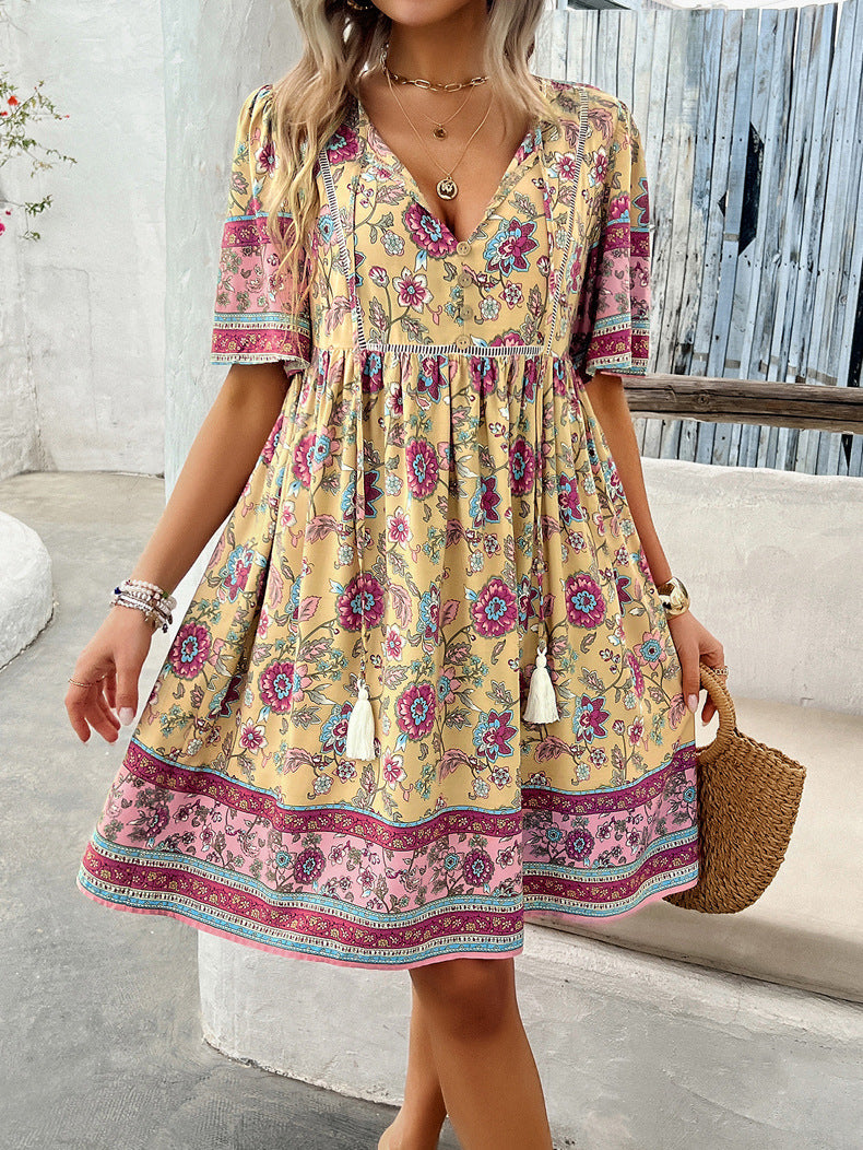 Verniece - apricot retro printed v-neck short sleeve dress