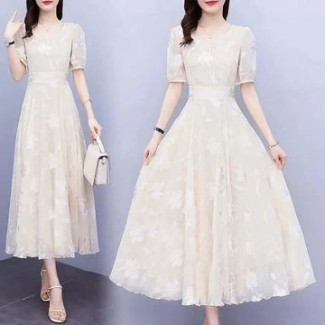 Women's Elegant Midi Dress - Puff Sleeves - Floral Lace Pattern