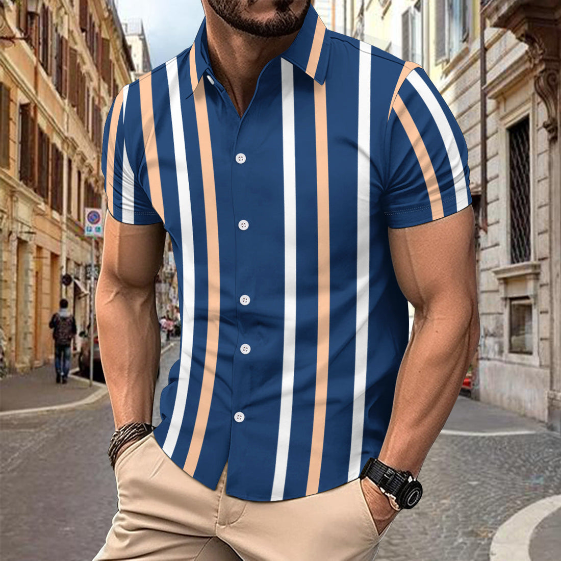 Men’s Button-Up Shirt – Slim Fit – Cotton – Vertical Stripe – Short Sleeve Casual