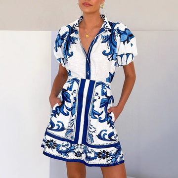 Women’s Linen Dress Set – Puff Sleeve Collared Top – A-Line Mini Skirt with Pockets