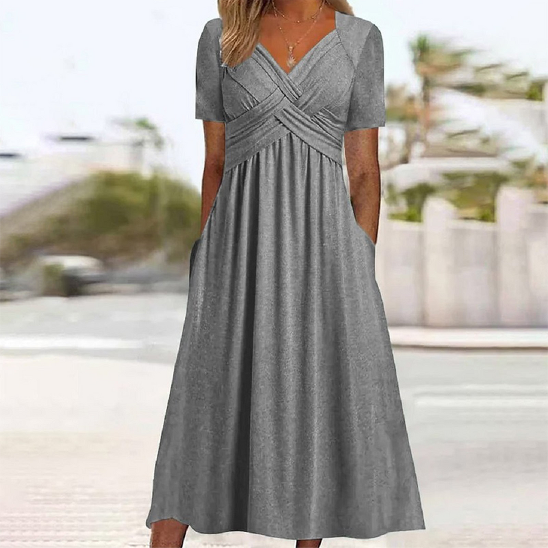 Aria - plain sweetheart neck short sleeves casual dress