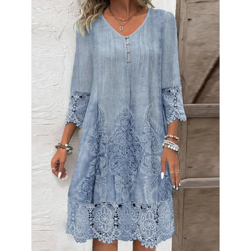 Women's V-Neck Dress - Embroidered Cotton Blend - Lace Trim - 3/4 Sleeve Loose Fit