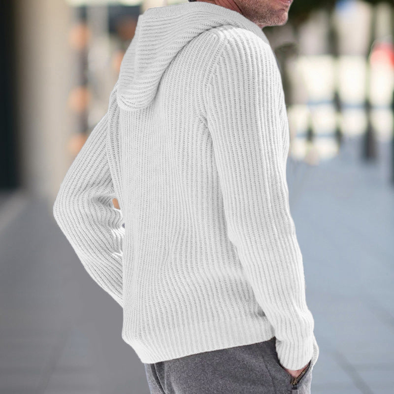 Men’s Knit Cardigan – Hooded – Relaxed Fit – Zipper Front – Ribbed Texture – Casual