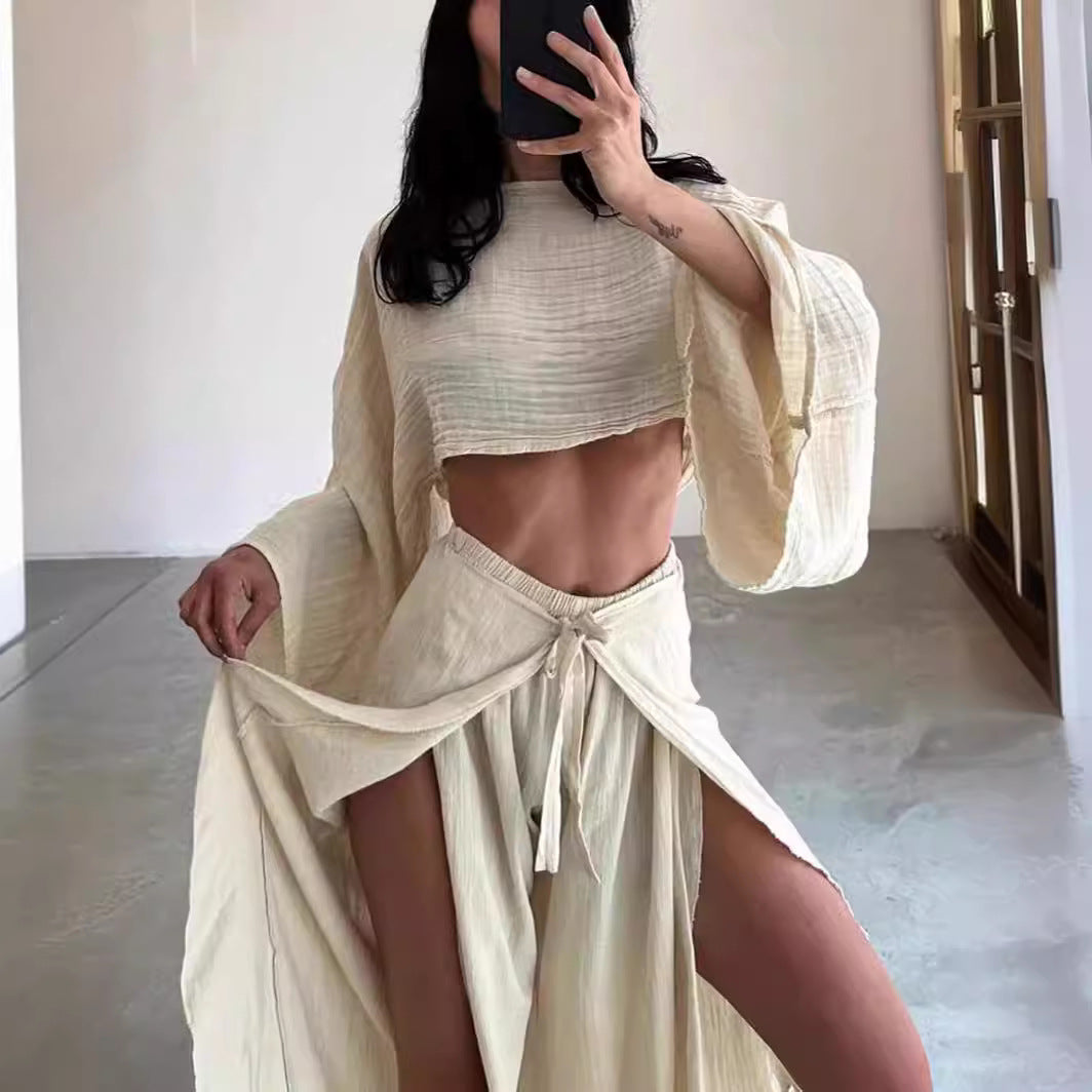 Women’s Two-Piece Set – Linen Blend – Cropped Bell Sleeve Top – Wide-Leg Ruffle Pants