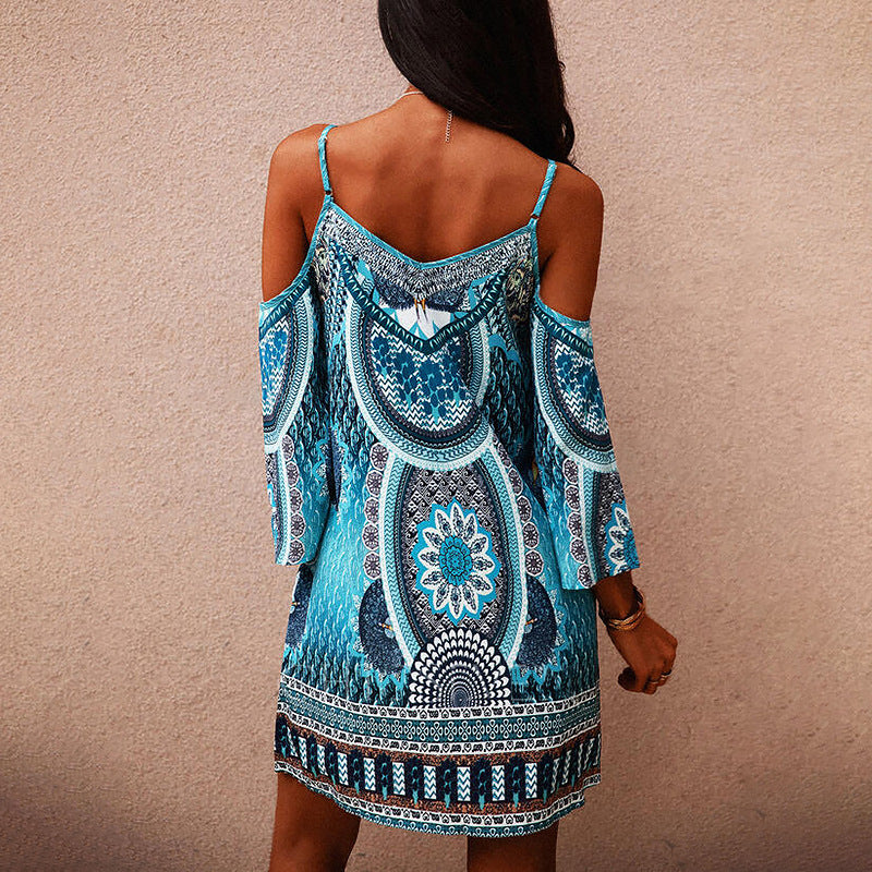 Women's Bohemian Midi Dress - Cold Shoulder - Spaghetti Straps - Relaxed Fit