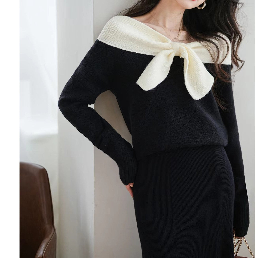 Women's Off-Shoulder Knitted Sweater with Front Bow