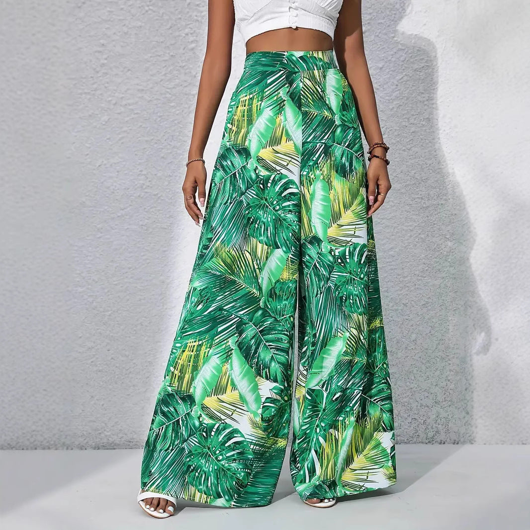 Women’s Wide-Leg Pants – High Waist – Lightweight Breathable Fabric – Floral Print