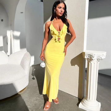 Women’s Maxi Dress – Slim Fit – Ruffle Neckline – Front Cut-Out – Adjustable Straps