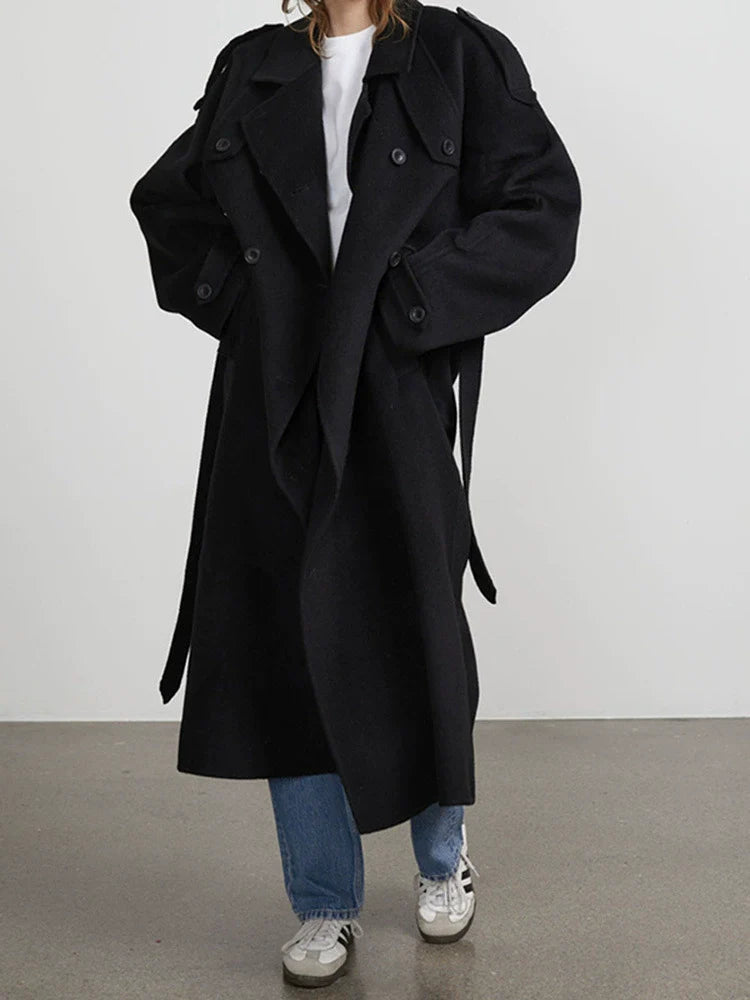 Women’s Trench Coat – Oversized Relaxed Fit – Wool Feel – Double-Breasted – Full Length