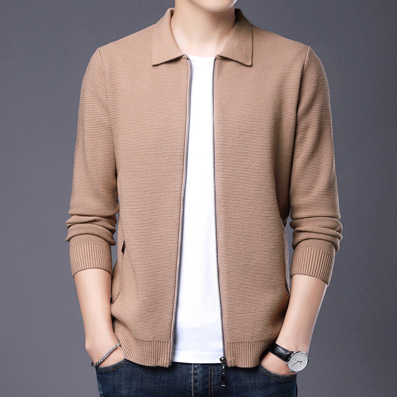 Men’s Cardigan – Slim Fit – Wool Fabric – Zip Front – Classic Collar – Ribbed Trim