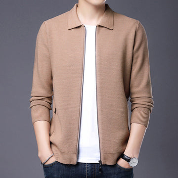 Men’s Cardigan – Slim Fit – Wool Fabric – Zip Front – Classic Collar – Ribbed Trim