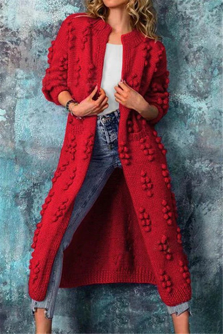 Women's long knit cardigan with pom-pom details