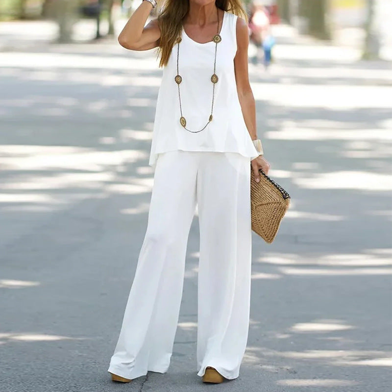Women's Sleeveless Top and Wide-Leg Pants Set - Elegant Casual Outfit
