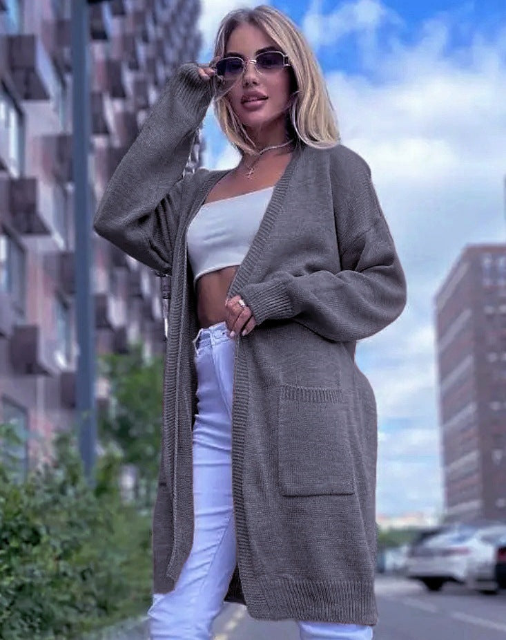 Women’s Knit Cardigan – Cotton Blend – Loose Fit – Longline Open Front with Pockets