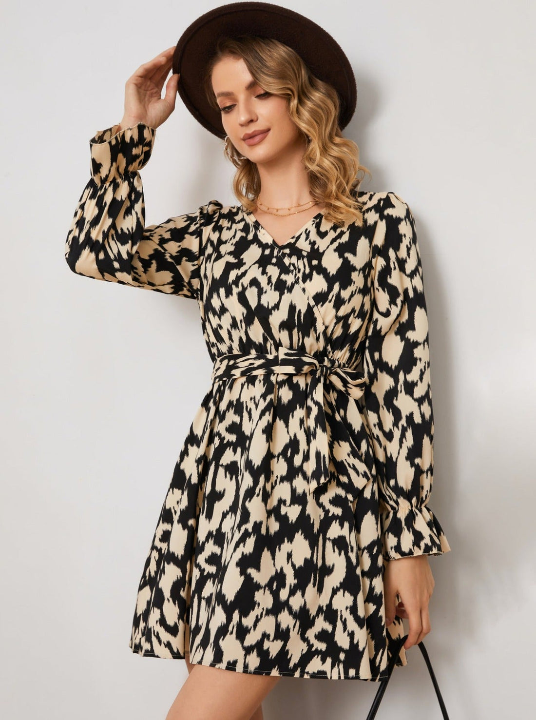 Lauren - animal print v-neck long sleeve tie waist dress