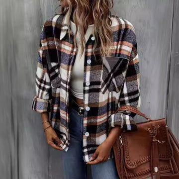 Women’s Wool Coat Jacket – Relaxed Fit – Plaid Stripe – Single-Breasted – Chest Pocket