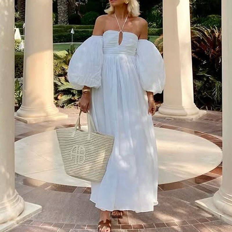 Women’s Maxi Dress – Off Shoulder – Puff Sleeve – Cut-Out – Flowy Cotton Blend