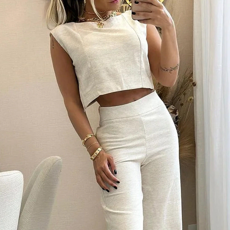 Women’s Two-Piece Set – Sleeveless Crop Top – High-Waisted Wide-Leg Pants – Soft Knit