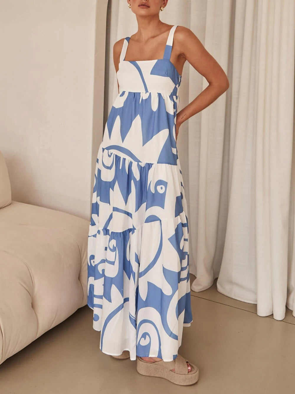 Amelia - bohemian geometric print back smocked loose maxi dress