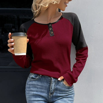 Women’s Long Sleeve T-Shirt – Waffle Knit – Relaxed Fit – Button Neck – Raglan Sleeve