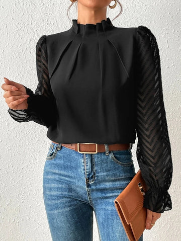 Women's elegant pleated blouse with sheer sleeves