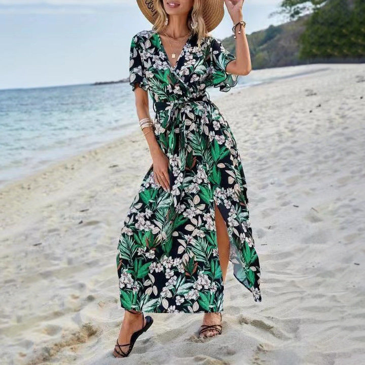 Women's Maxi Dress - Floral Print - V-Neck - Short Flutter Sleeves - Tie Waist Flowy Fit