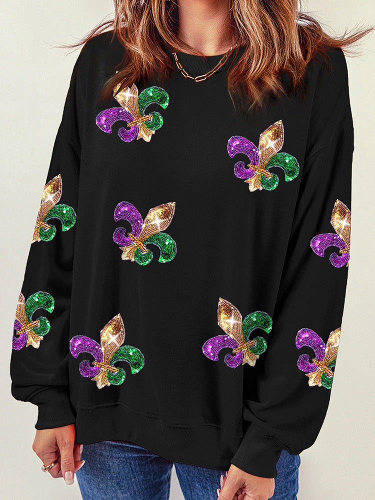 Women’s Sweatshirt – Relaxed Fit – Cotton Blend – Sequin Print – Pullover Round Neck