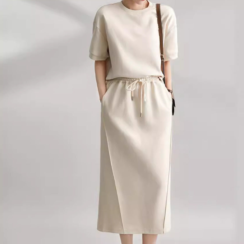 Women’s Two-Piece Set – Cotton Blend – Relaxed Fit – Short Sleeve Top & Midi Skirt