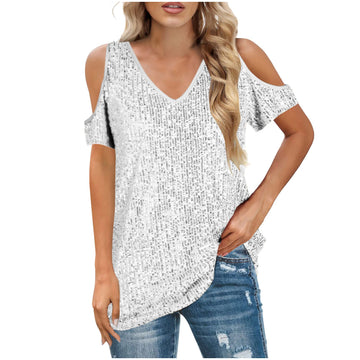 Women’s V-Neck Top – Relaxed Fit – Cold Shoulder – Sequin Front – Short Sleeve