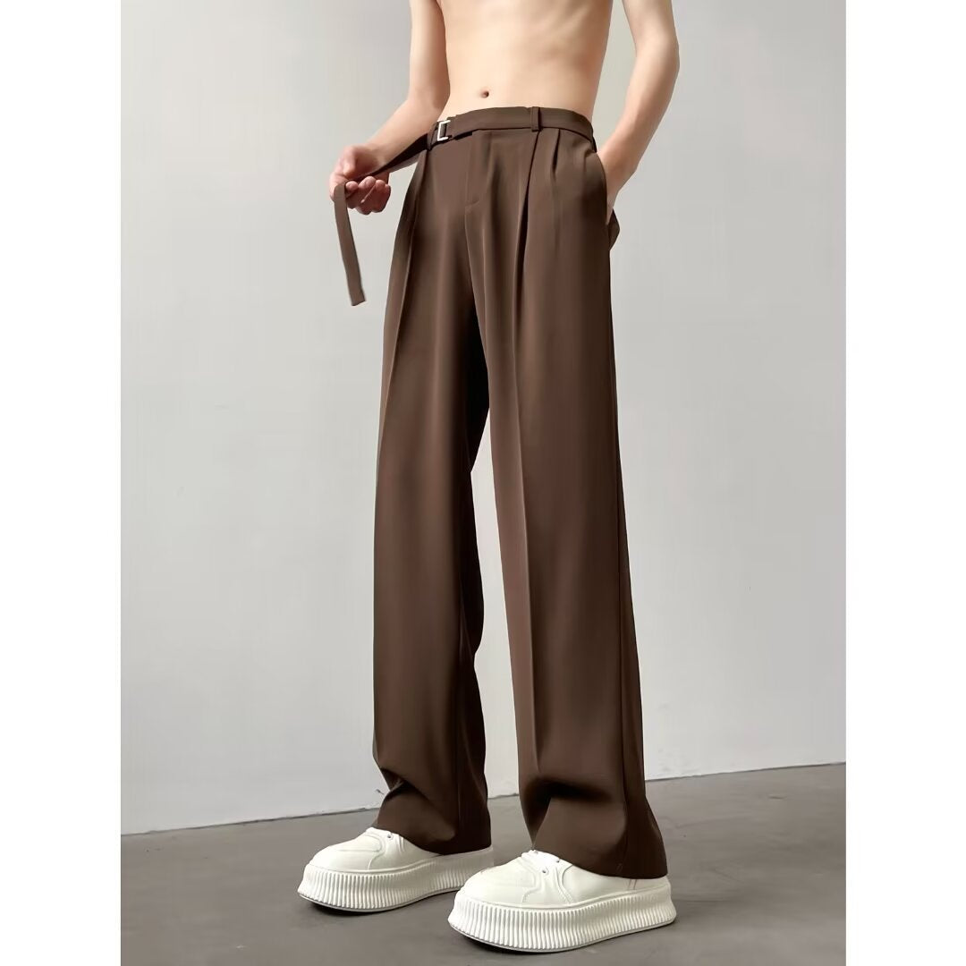 Unisex Straight-Leg Pants – Ice Silk Blend – Relaxed Fit – Belted Waist – Full Length