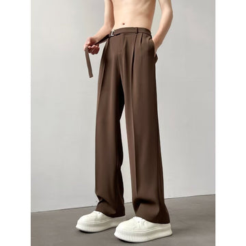 Unisex Straight-Leg Pants – Ice Silk Blend – Relaxed Fit – Belted Waist – Full Length