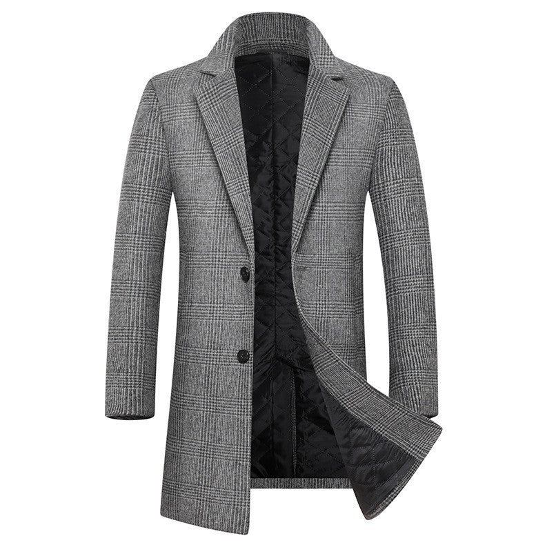 Men’s Overcoat – Slim Fit – Wool Blend – Plaid Pattern – Quilted Lining – Mid-Length