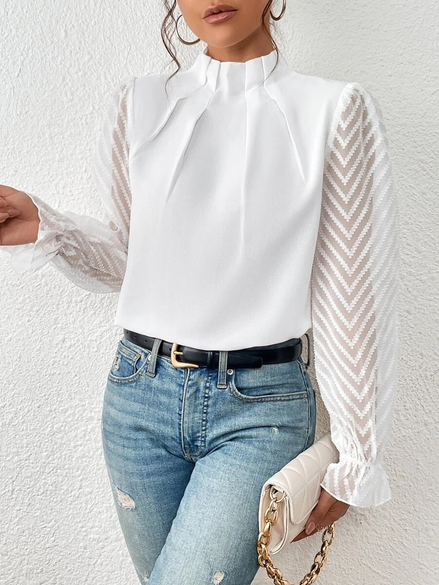 Women's elegant pleated blouse with sheer sleeves