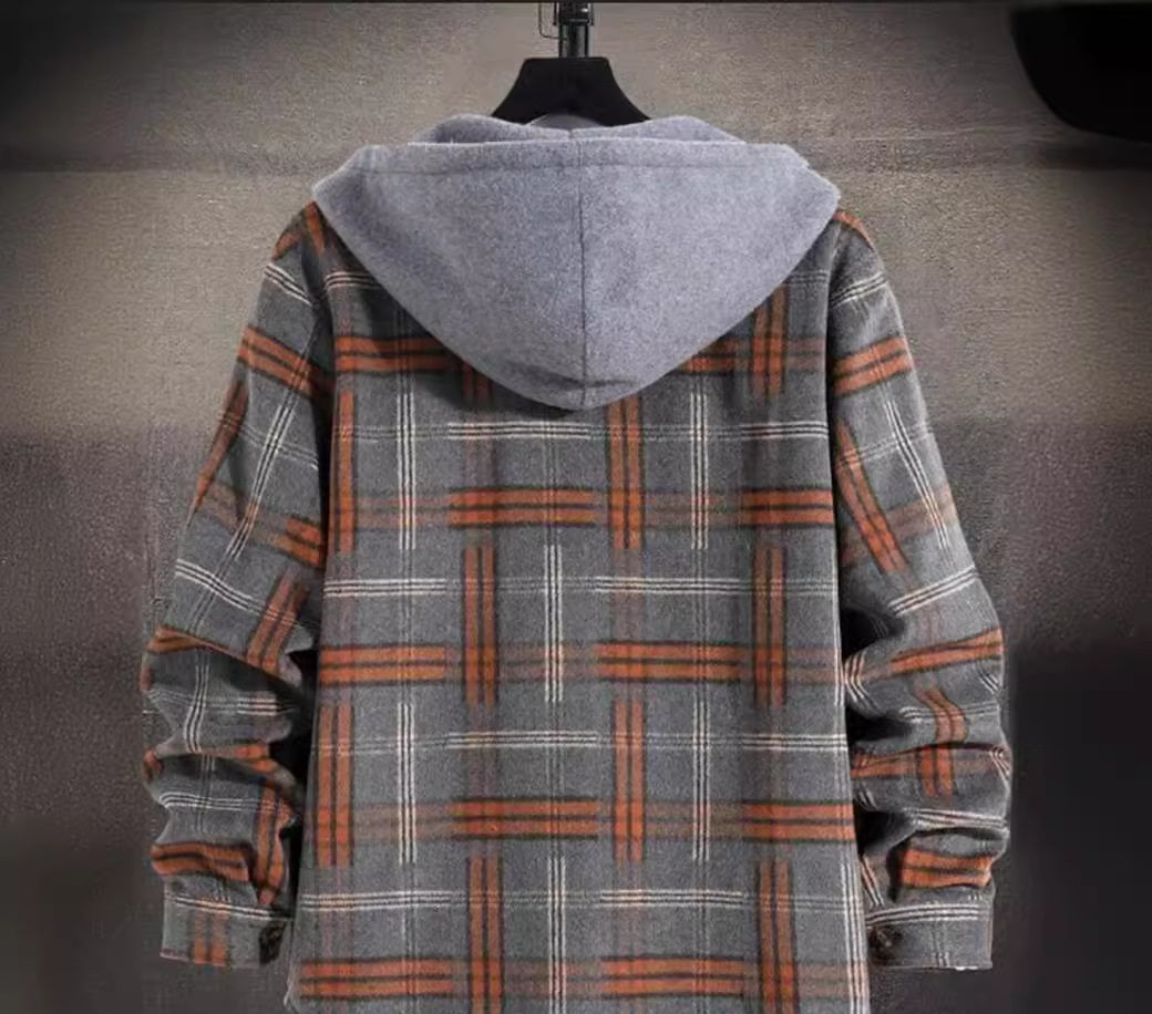 Men's hooded plaid flannel shirt jacket