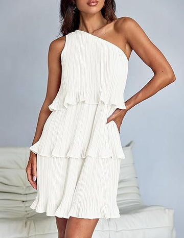 Women's Pleated One-Shoulder Dress - Ruffle Layered Design