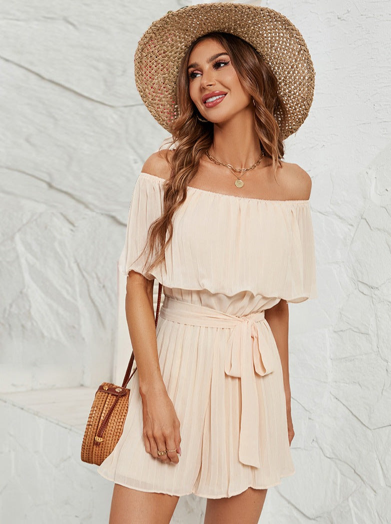 Vern - beige off-shoulder pleated collar romper