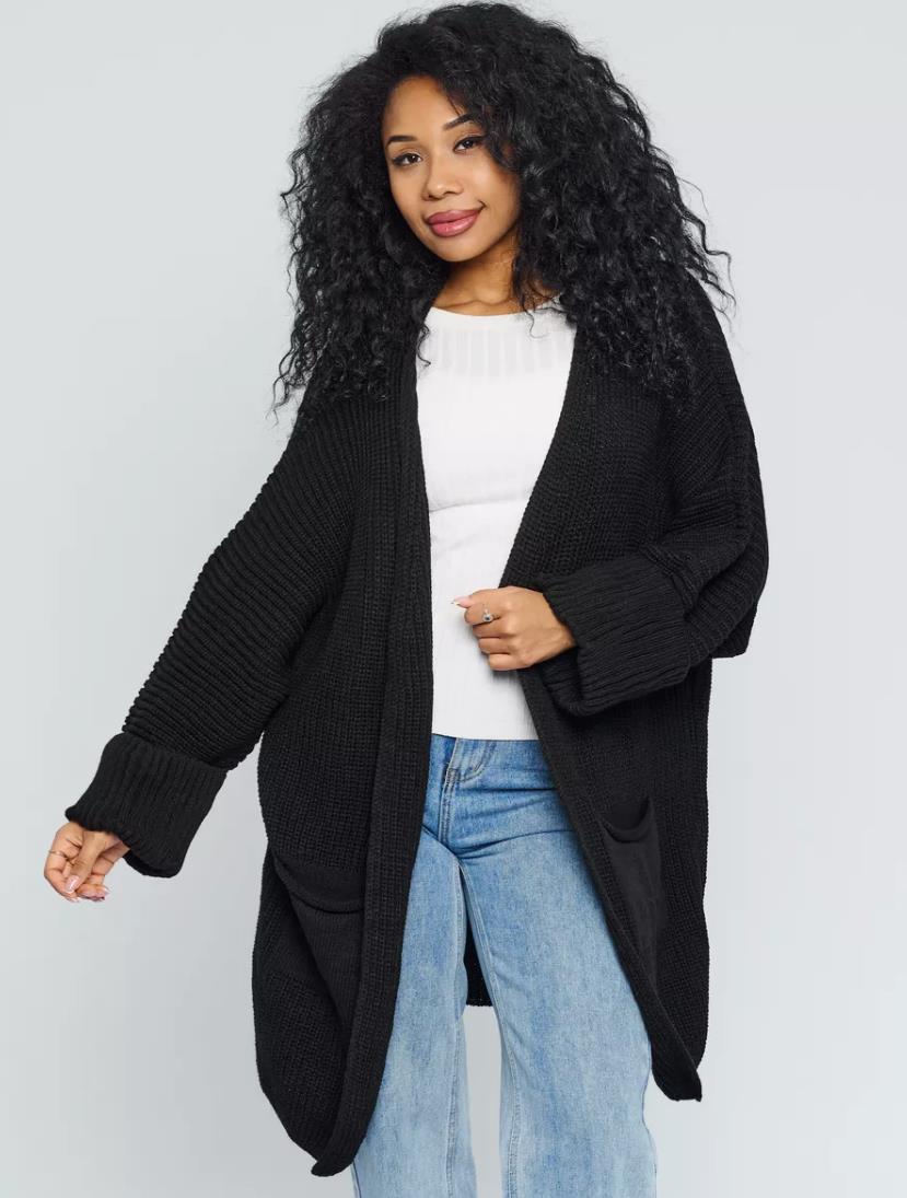Women’s Knitted Cardigan – Oversized Fit – Chunky Wool Feel – Ribbed Sleeves – Open Front