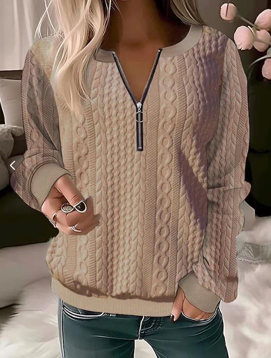 Women’s Knitted Sweater – Wool Blend – Cable Knit – Relaxed Fit – Zip Neckline
