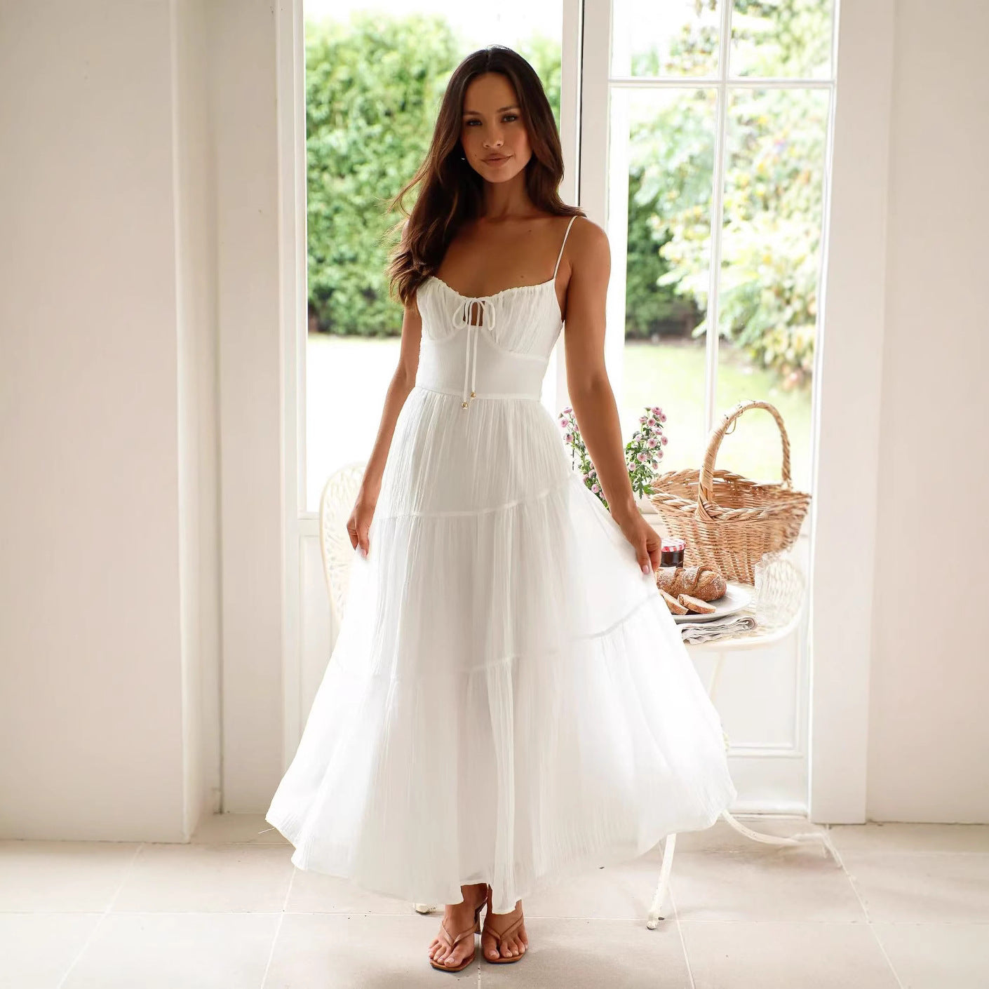 Women’s Long Dress – Flowy Fit – Spaghetti Straps – Tiered Skirt – Backless Gown