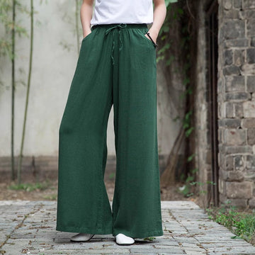 Women’s Wide-Leg Pants – Cotton Linen Blend – Relaxed Fit – Drawstring Waist – Pockets