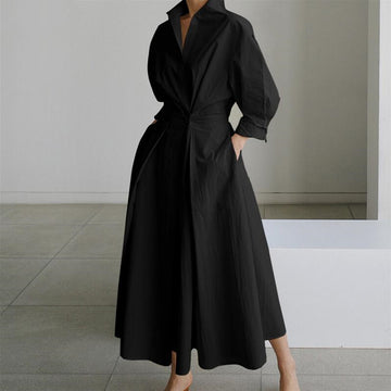 Women's Trench Coat Dress - Long Flared Silhouette - Classic Collar - Side Pockets