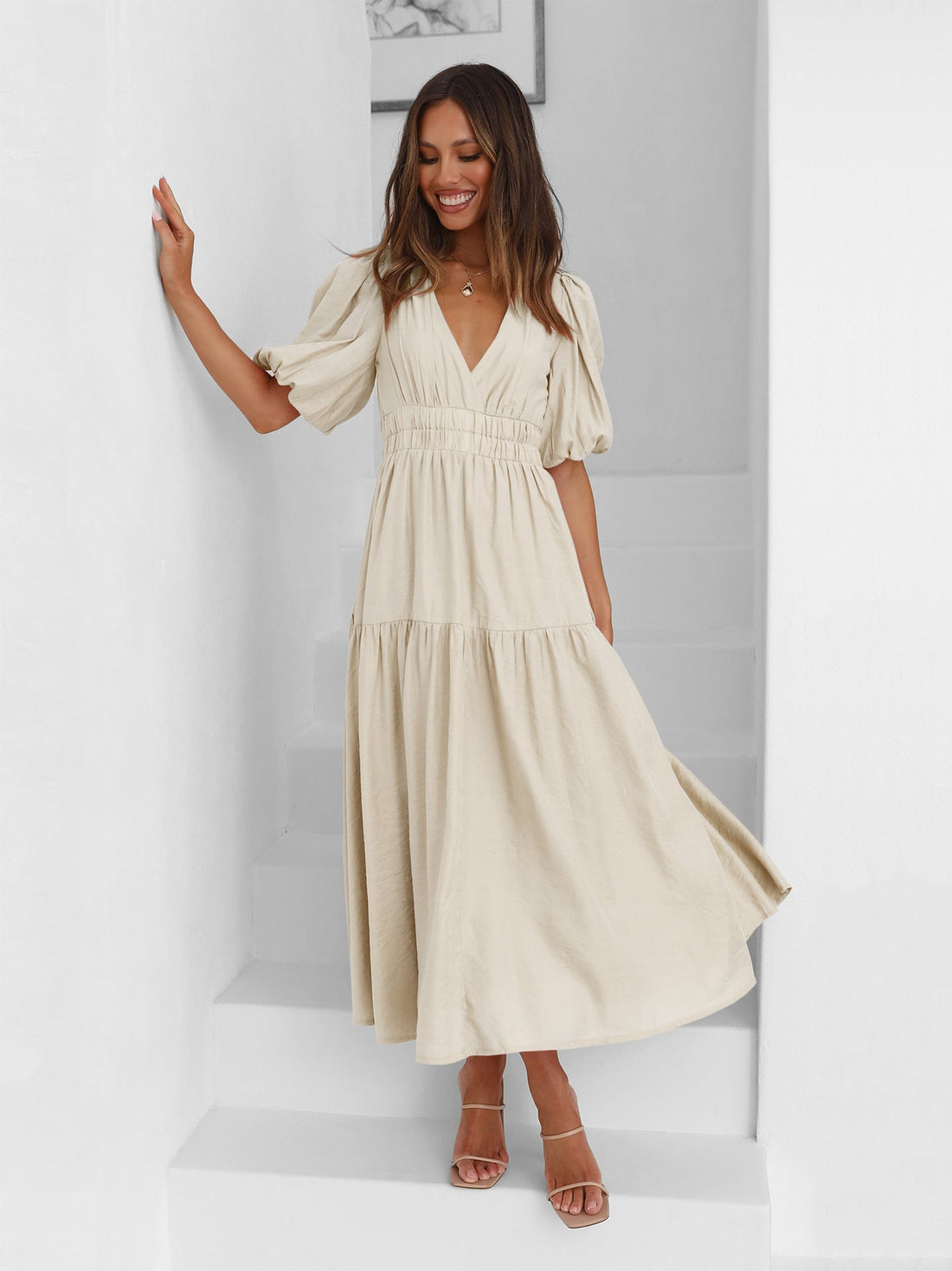 Women's Maxi Dress - V-Neck - Puff Sleeve - Tiered Flowy Skirt - Elegant Casual Wear