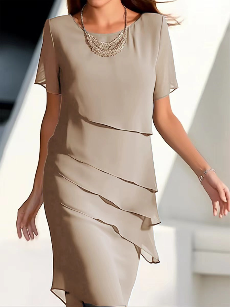 Women's Elegant Layered Dress - Short Sleeves - Flattering A-Line Silhouette