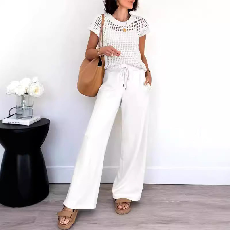 Women’s Two-Piece Set – Open-Knit Short Sleeve Top – Wide-Leg Drawstring Pants