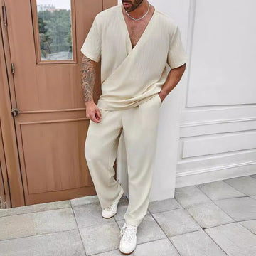 Men’s Casual Set – Lightweight V-Neck Top – Relaxed Fit Full-Length Pants