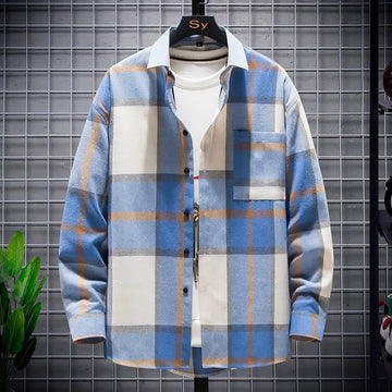 Men’s Plaid Shirt – Loose Fit – Long Sleeve Cotton – Button-Up Casual Style