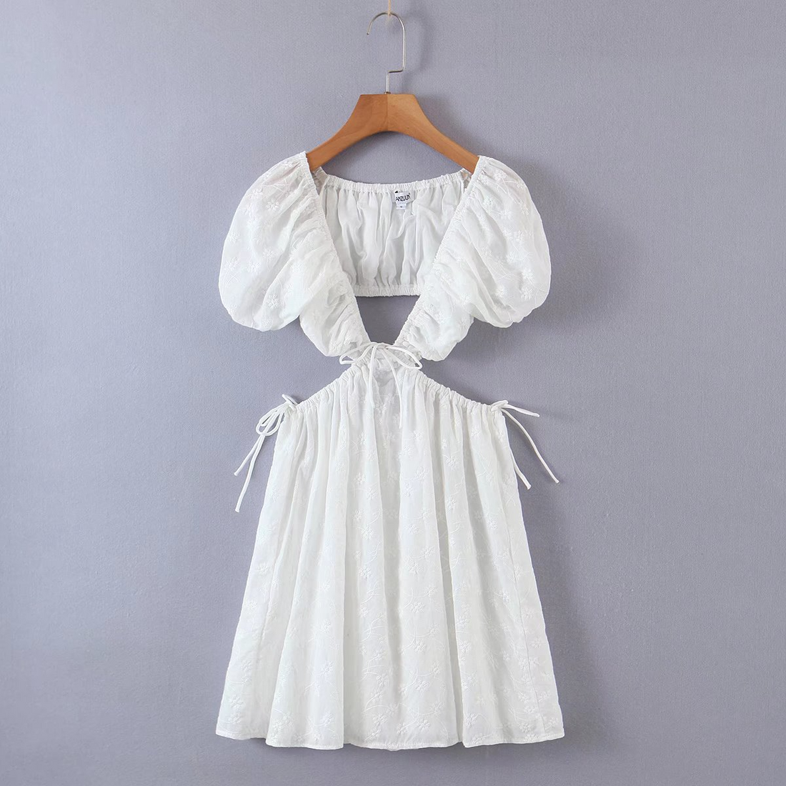 Emily - white deep v neck puff short sleeves cutout waist dress