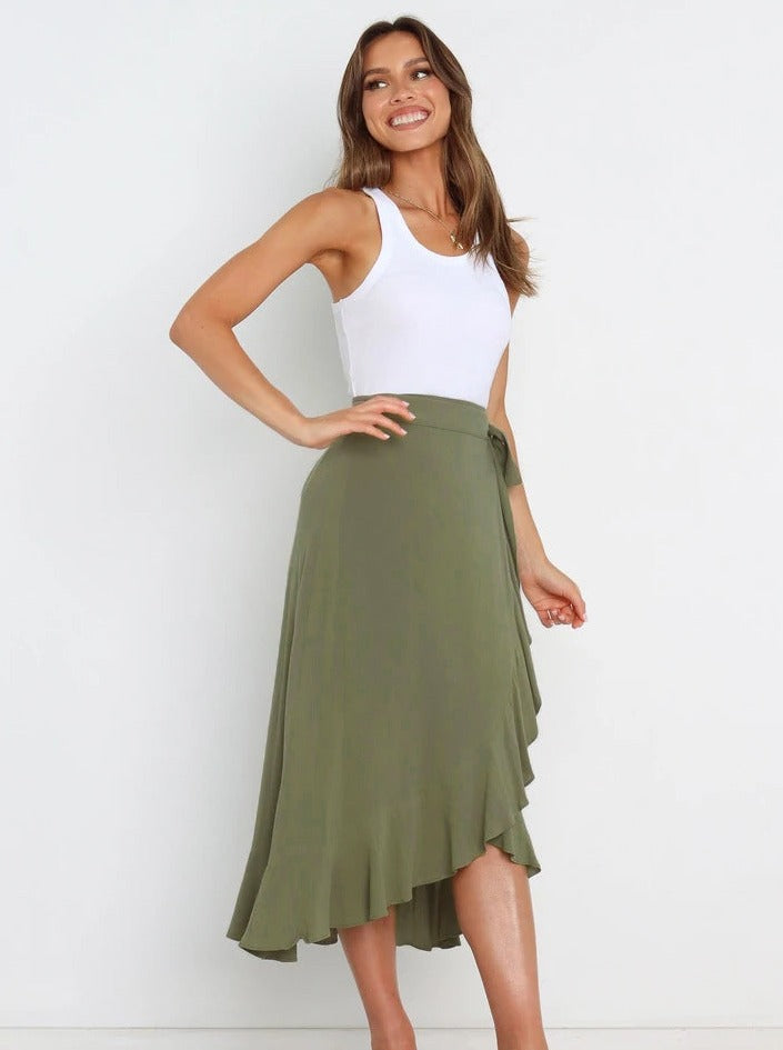 Women's Wrap Midi Skirt - Adjustable Tie Waist - Ruffled Hem - Flowy & Elegant