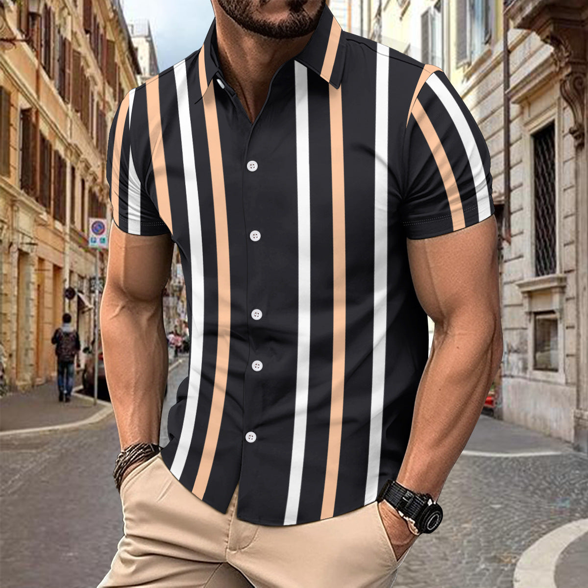 Men’s Button-Up Shirt – Slim Fit – Cotton – Vertical Stripe – Short Sleeve Casual