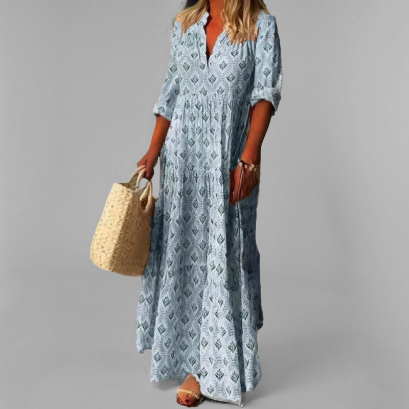 Women’s Maxi Dress – Lightweight – Loose Fit – V-Neck – Vintage Print – 3/4 Sleeve